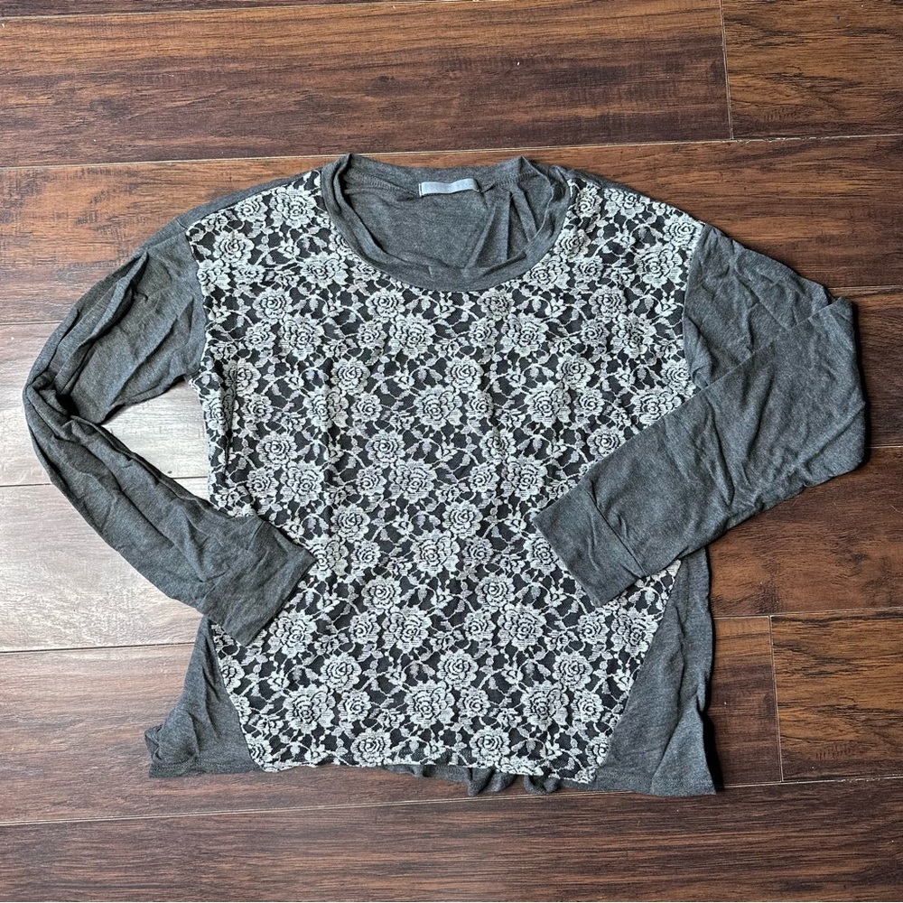 Olivia Moon Gray Floral Lace Long Sleeve Tunic Top